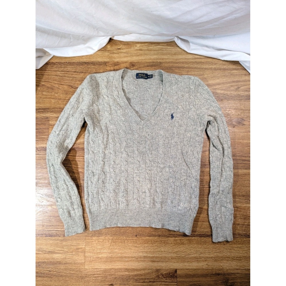 Polo Ralph Lauren Gray Heather Youth V Neck Cable Knit Sweater Size M